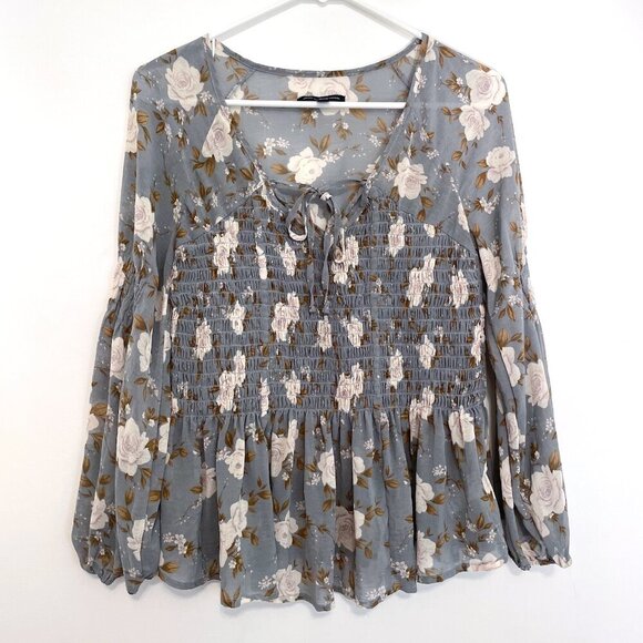 AMERICAN EAGLE Smocked Floral Blouse Blue Cream Ivory Long Sleeve Boho Peplum XS - Picture 2 of 15